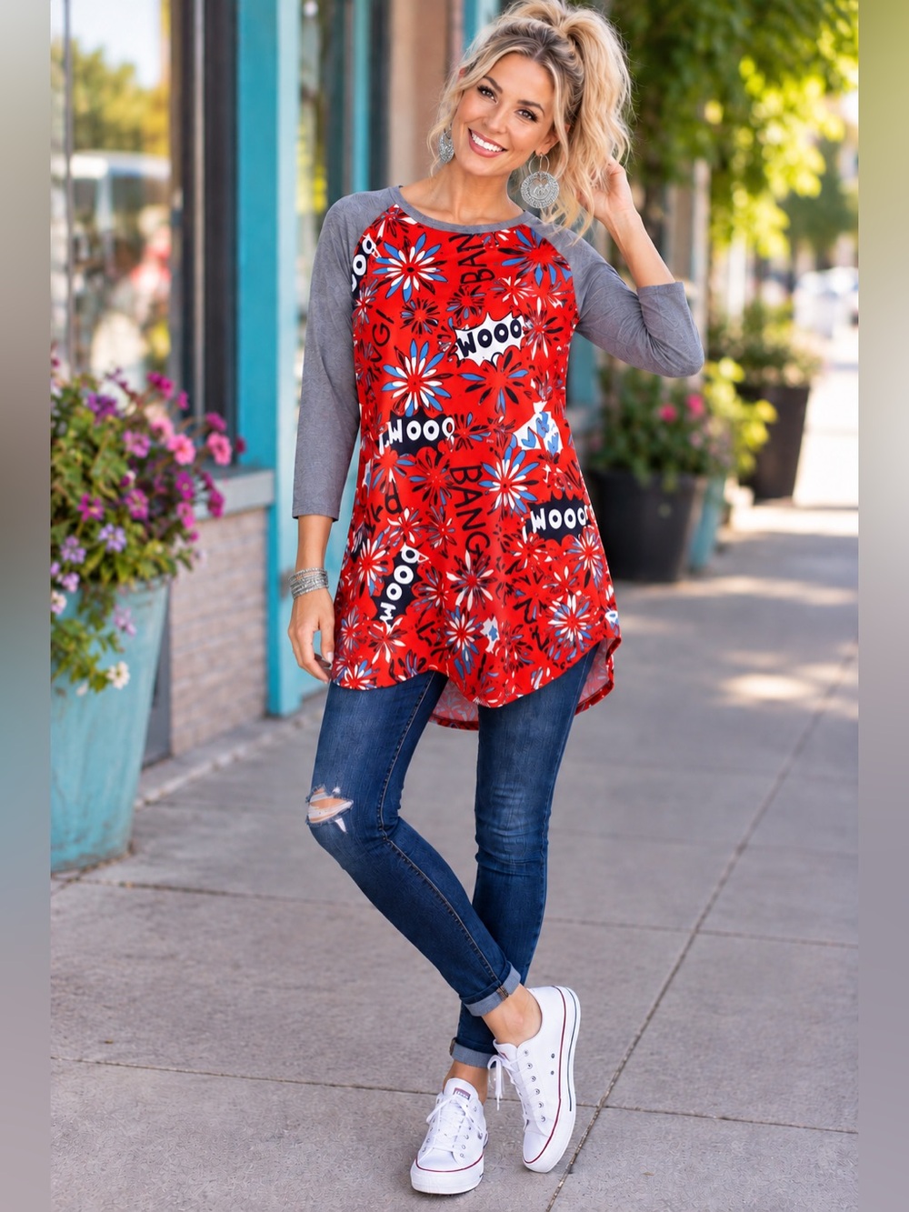 LuLaRoe Red Pop Art Floral Raglan High Low Tunic Top XL